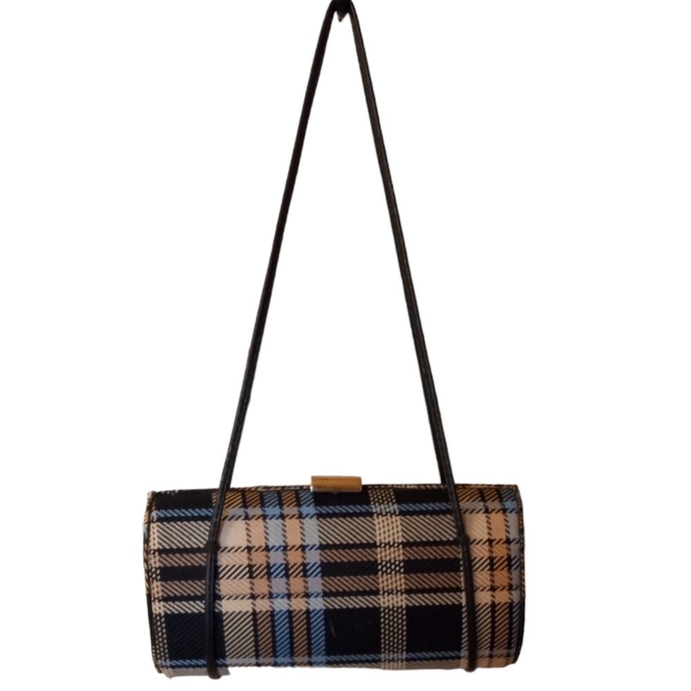 Rare Vintage Minaudière Snap Close Hard Body Bag: Blue, Black, Gold, Tan Plaid